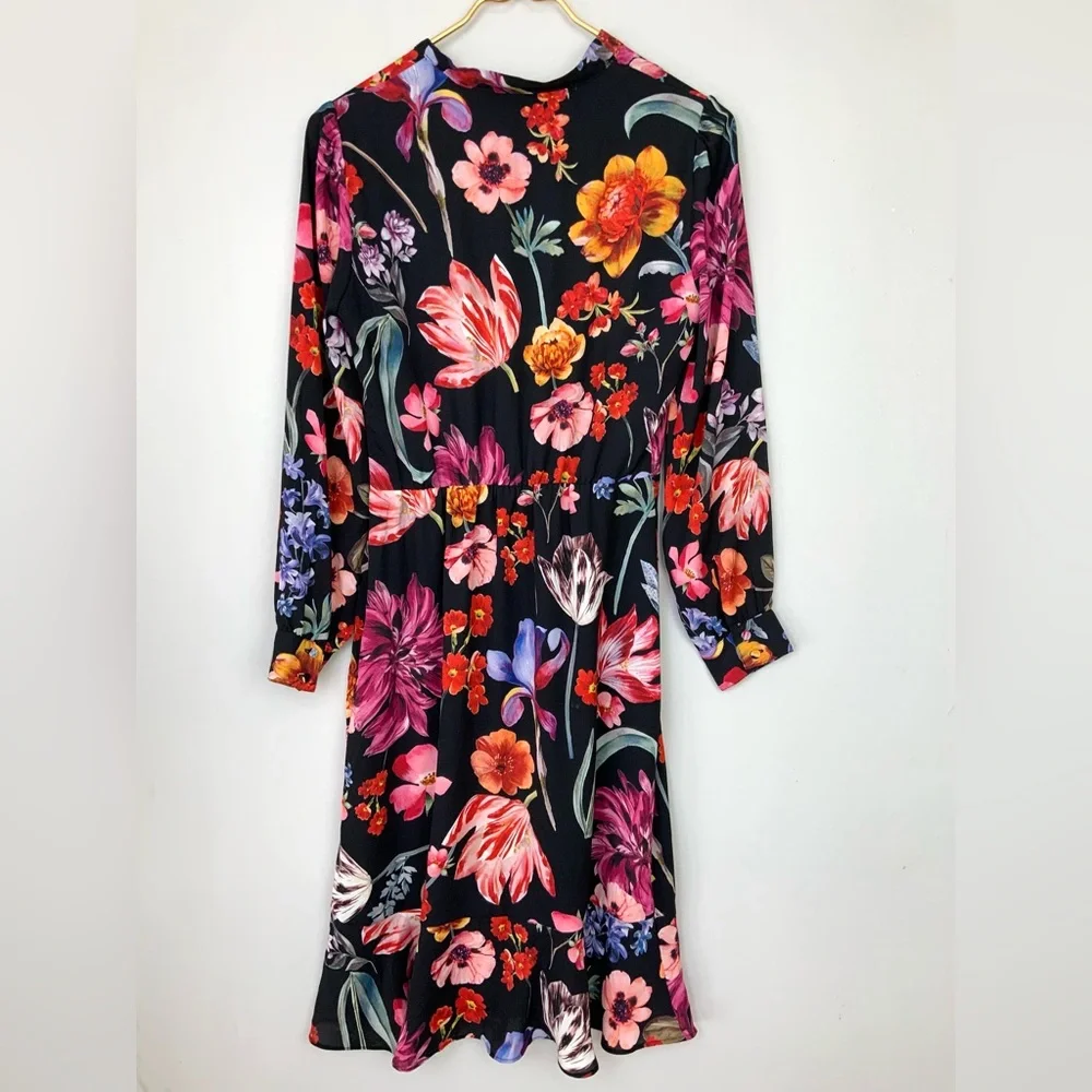 J. Crew Sz‎ 0 Midnight Dutch Floral Tie-Neck Long Sleeve Midi Dress Feminine